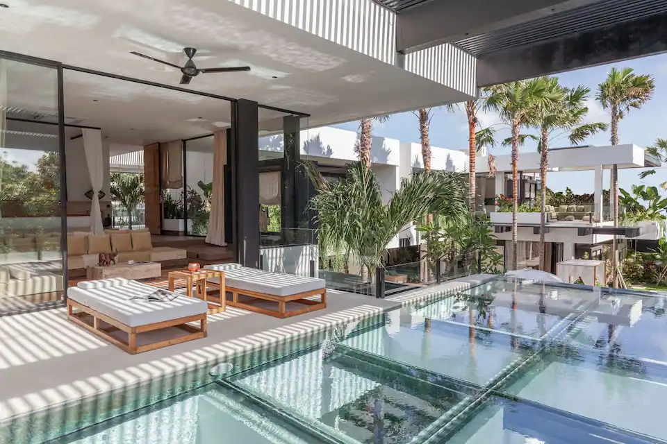 Glass-bottom pool and terrace at Villa Zeno Arete